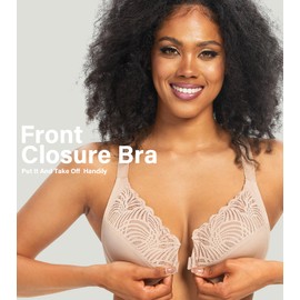 HACI Women's Front Closure Bra Racerback Plus Size Underwire T-Back Unlined Lacy Unpadded Full Coverage Bras(Beige,38DD)