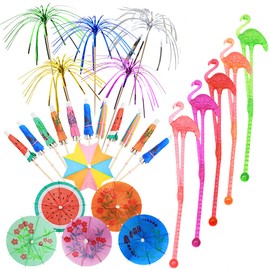 Cocktail Accessories for Drink,60 Pcs Paper Umbrella 20 Foil Fireworks and 20 Flamingo Swizzle Drink Sticks,Cocktail Decorations for Birthday Hawaiian Summer Beach Party Pub Bar Drink Supplies