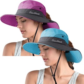 ZOORON Sombrero de seguridad para mujer con cola de caballo, protección UV de ala ancha para exteriores, sombrero plegable para pesca de verano, 2-blue+purple
