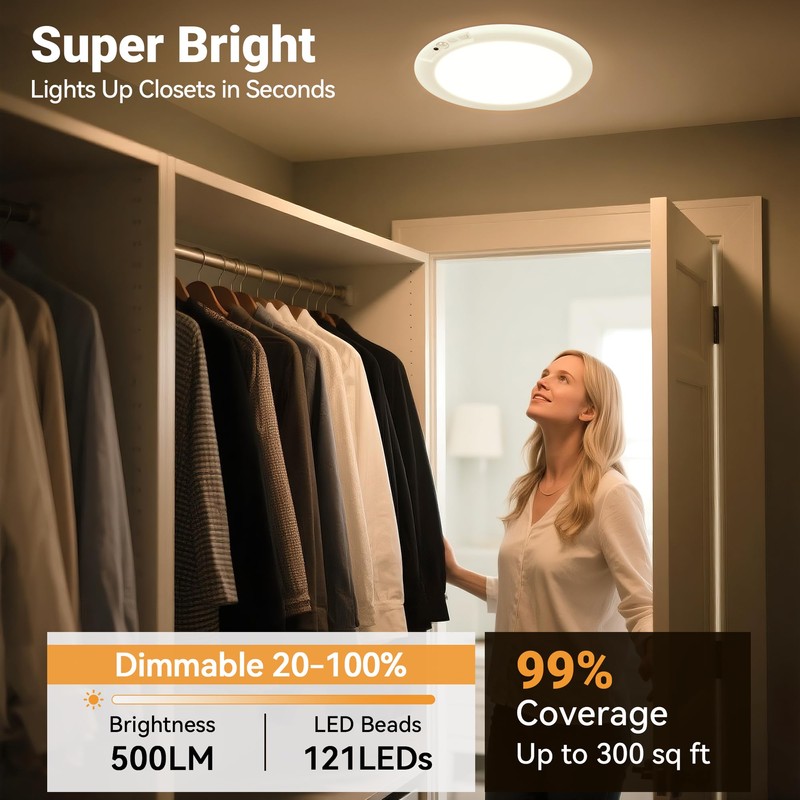 Wireless Closet Lights Motion Sensor - No Wiring Rechargeable Ceiling
