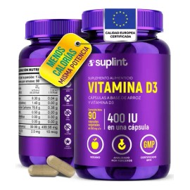 Vitamina D3 SUPLINT de 400 UI para Huesos y Sistema Inmune – Suplemento Vegano en 90 Cápsulas