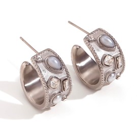 SAINT RAPHAËL Chunky Silver Hoop Earrings with Crystal and Pearl Embellishments, 316L Stainless Steel Hypoallergenic, Waterproof Hoops (Silver)