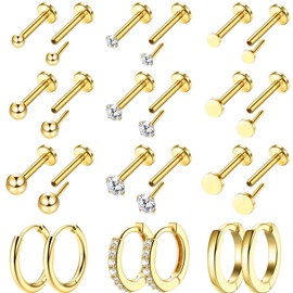 Morfetto 12 Pairs Tiny Stud Earrings 18K Gold Plated Stainless Steel Earring Sets for Multiple Piercings Small Threadless Flat Back Earrings Cartilage Hoop Earrings, Stainless Steel