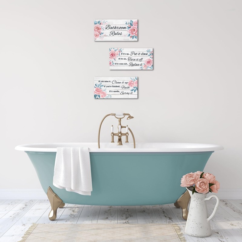 Welmeco Bathroom Art Bathroom Rules Wall Decor Rose Floral Painting