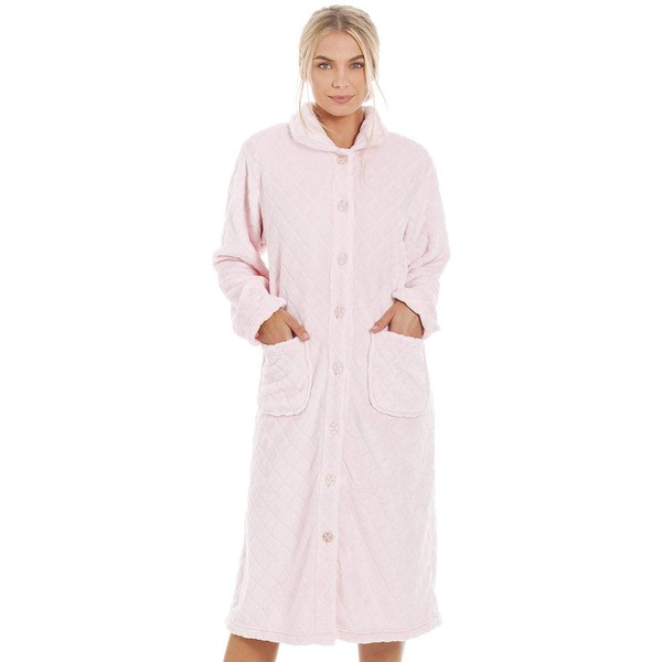 Camille Women's Super Soft Fleece Housecoat -Diamond Print Button Up