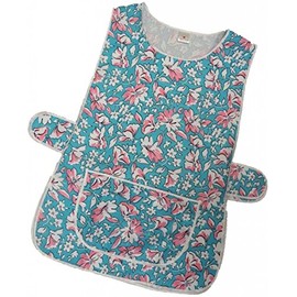 Womens Floral Home Work Tabard Apron with Single Large Front Pocket, White Piping and Side Fastening Button Tabs