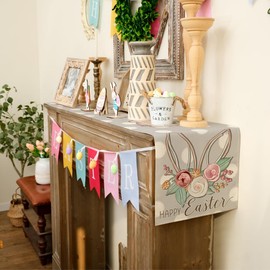 ARKENY Happy Easter Table Runner 13x36 Inches,Bunny Rabbit Ears Floral Spring Holiday Farmhouse Grey Burlap Indoor Table Decorations for Home AT563-36