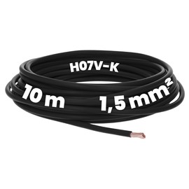 Kalitec 10 Metres H07V-K 1.5 mm² Black Wiring Cable, Flexible Wire Cable, PVC Single Wire, 1.5 mm² Wire, Fine-Strand Wiring, Single Wire, Single Wire, Switch Wire