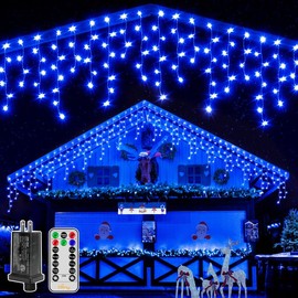 Ollny Icicle Lights for Outside 396LED 32FT, Blue Christmas Light with Remote 8Modes Timers Waterproof, Plug in Connectable Hanging Lights for Outdoor Indoor House Roof Holiday