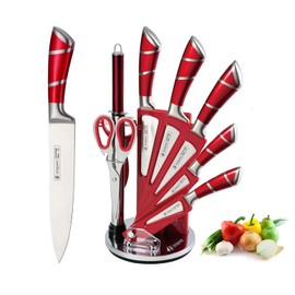 Kitchen Knife Set, 9-Piece Red Kitchen Knife Set with Acrylic Block, Non Stick Sharp High Carbon Stainless Steel Knife Set for Kitchen Cutting Meat Slicing Chopping Kitchen Gifts for Women (Red)