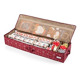 Covermates Keepsakes Gift Wrap Organizer - Holds up to 25 Rolls - Heavy Duty - Accessory Trays with Adjustable Compartments - Mesh Pocket - Holiday Storage-Red Snowflake