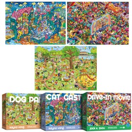 ANTELOPE 1000 Piece Puzzle Bundle, Young Adult, Cardboard, Pets and Entertainment Theme, 3 in 1 Set - Dog Park, Drive in Movie, Cat Castle