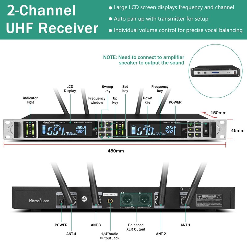 MicrocQueen Professional UHF Wireless Microphone System, Dual Channel 530–580MHz with