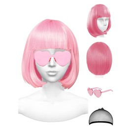 Pink Wig and Party Sunglasses, Wigs for Women, Light Pink Bob Wig with Bangs, Cosplay and Party Bachelorette Wigs Decorations Favors(Pink)