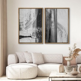 SIGNWIN Framed Canvas Print Wall Art Set Black White Industrial Paint Strokes Abstract Shapes Illustrations Modern Art Minimal Decorative Nordic for Living Room, Bedroom, Office - 24"x36"x2 Natural