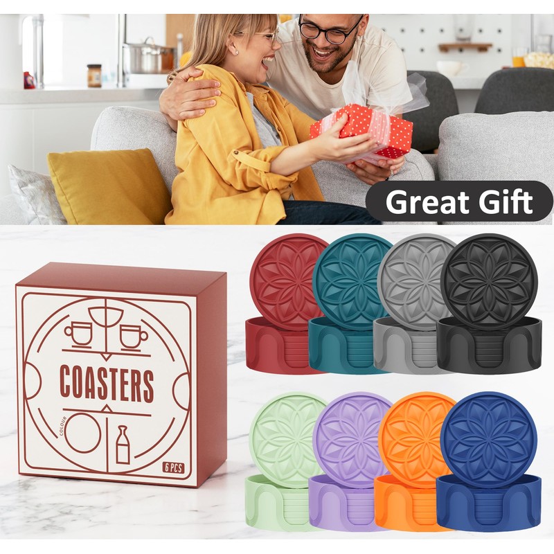 HFHOME Silicone Coasters Set for Drinks - 6 Pack With