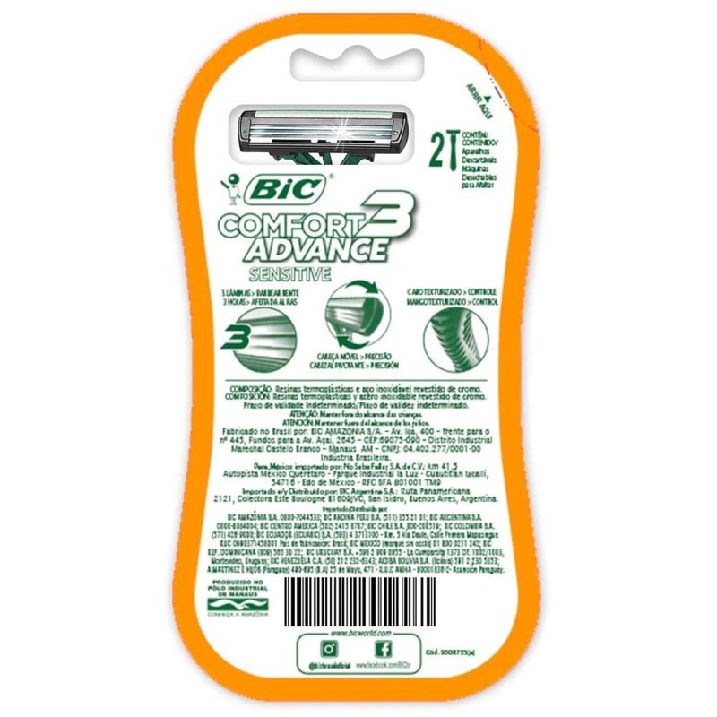 Rastrillo Bic Comfort 3 Advance Sensitive 3 Hojas de Acero