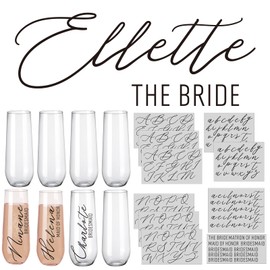 Widecook 20 Pcs Bridesmaid Champagne Glass Set 8 Stemless Champagne Flutes 9 oz 12 Black Transfer Stickers Bride Maid of Honor Gift for Weddings Engagement Bachelorette Bridal Shower Party