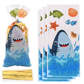 RS 50Pieces Shark Party Bags Shark Plastic Bags Shark Birthday Goodie Favor Bags Sea Candy Bags for Summer Ocean Sea Shark Party Supplies