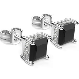 UNFAAR 18K White Gold Plated Sterling Silver Princess Cut Cubic Zirconia Stud Earrings Square CZ Diamond Stud Earrings for Women Men Hypoallergenic (5MM, Black)
