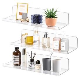 SHEPIN Set of 3 Wall Shelves, Floating Shelves, No Drilling Wall, Width 30 cm, Acrylic Transparent Wall Shelf for Bathroom, Living Room and Bedroom, Floating No Drilling Industrial Decoration