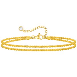 Gold Anklets for Women,14K Gold Plated Anklet Double Layered Adjustable Ankle Bracelets for Women Beaded Rope Chain Beach Waterproof Jewellery Gifts