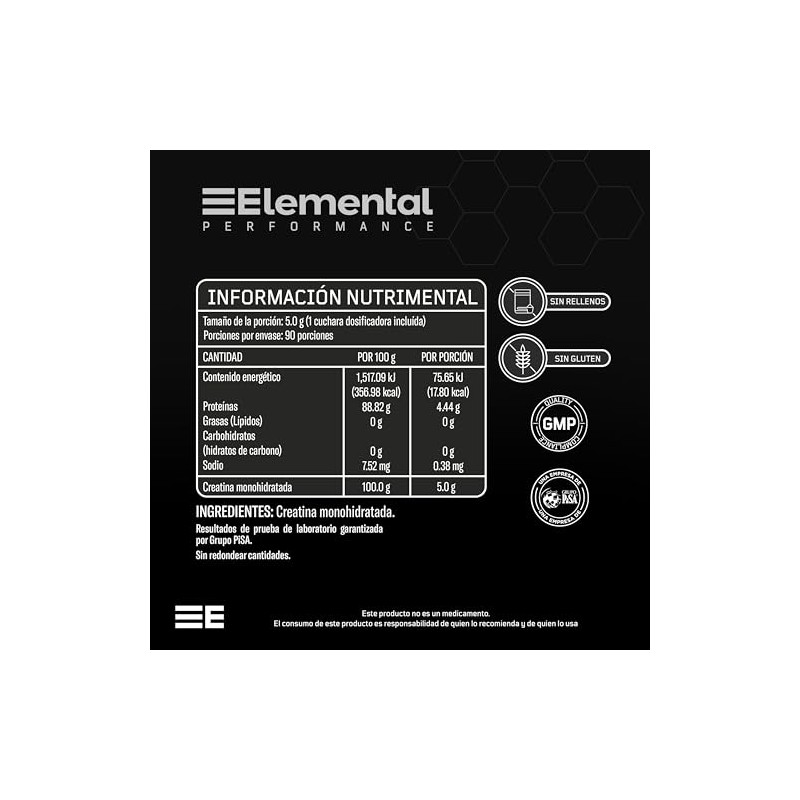 ELEMENTAL Creatina Micronizada 450g 90 Porciones Alta Pureza