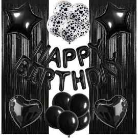 WEIKA 29 Pcs Black Birthday Party Decorations - Happy Birthday Balloons Banner, Heart & Star Foil Balloons, Confetti & Latex Balloons, Foil Fringe Curtains Party Supplies for Men