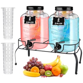 Lallisa 2 Pcs 2 Gallon Glass Drink Dispenser with Stand Ice Cylinder Hanging Chalkboard Signs 18/8 Stainless Steel Spigot Beverage Dispensers for Parties Mason Jar Drink Lemonade (Black Spigot)