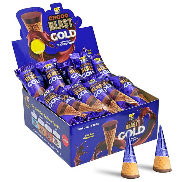 Pure Temptation® Gold Chocoblast Chocolate Flavoured Filled Waffle Cone Snack- Premium Chocolates Gift Pack Display Stand - Chocolate Candy Gift Box - Chocolate Waffle Cone (36 Pieces)