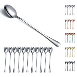 Iced Teaspoons, Kyraton Stainless Steel 19 cm Long Handle Mixing Stirring Bar Spoons, Ice Cream Spoons, Cocktail Spoons, Latte Spoons Pack of 12