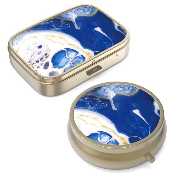 Pill Box with Mirror, Retro Small Pill Box for Purse or Pocket, Bronze Pill Box or Vitamins, Fish Oil, Dietary Supplement, Pills Included Travel Gifts (2 Pieces)