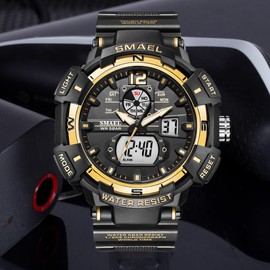 FANMIS Mens Analog Digital Sports Watch Large Face Outdoor Sports Waterproof Military Wrist Watches with Date Multifunction Tactics LED Army Stopwatch (Gold)