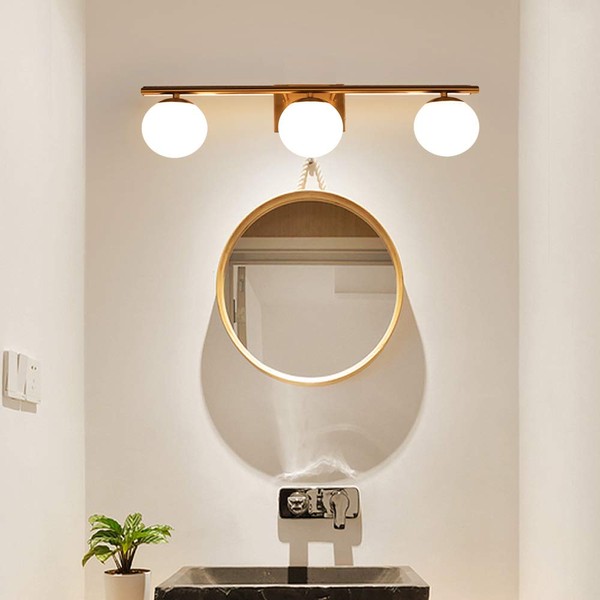 YHTlaeh New Bathroom Vanity Light 3 Lights Fixtures Brushed Brass Milk White Globe Glass Shade Modern Wall Bar Sconce Over Mirror (Exclude G9 Bulb)