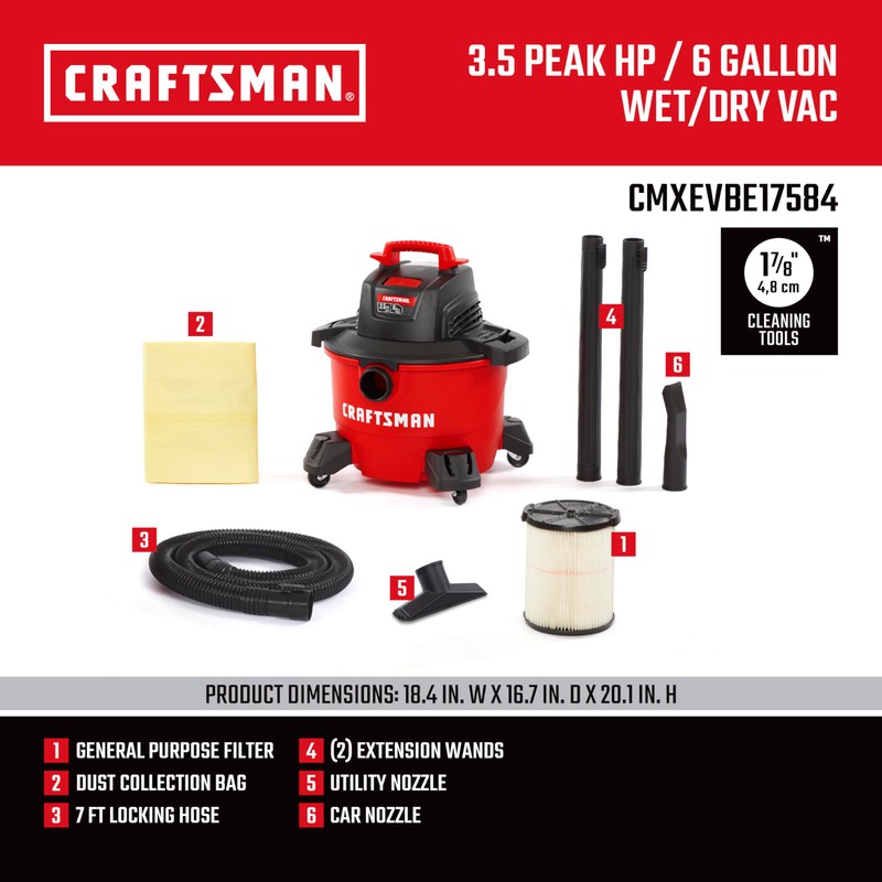 CRAFTSMAN CMXEVBE17584 6 Gallon 3.5 Peak HP Wet Dry Vac,