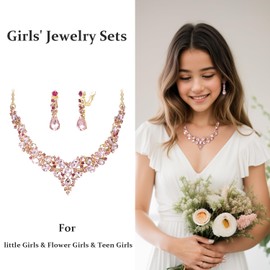 BriLove Flower Maids Bridal Jewelry Clip-on Earrings Sparkling Austrian Crystal Teardrop Cluster Statement Necklace Set for Wedding Prom Pink Gold-Tone