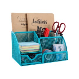 Generic Mesh Desk Tidy Organiser Office Stationery Container 5 Storage Compartment and 1 Drawer ,Blue