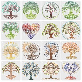 16 pcs Tree of Life Stencils,Tree Drawing Painting Reusable Stencils, Painting with Round Ring Natural Plants Stencil for Scrapbooking, Canvas, Card Making, DIY Art, Wall Decor