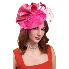 Cizoe Derby Fascinators for Women High Tea Party Hat Wedding Cocktail Flower Headware with Mesh and Feathers(Z-Fushia)