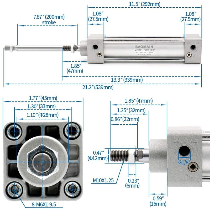 Baomain Pneumatic Air Cylinder SC 32-200,PT 1/8, Bore 1 1/4