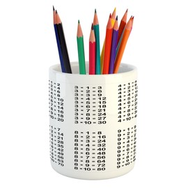 Ambesonne Science Pencil Pen Holder, Simple Multiplication Chart on White Backdrop Mathematics Monochrome Illustration, Ceramic Pencil Holder for Desk Office Accessory, 3.6" X 3.2", White Black