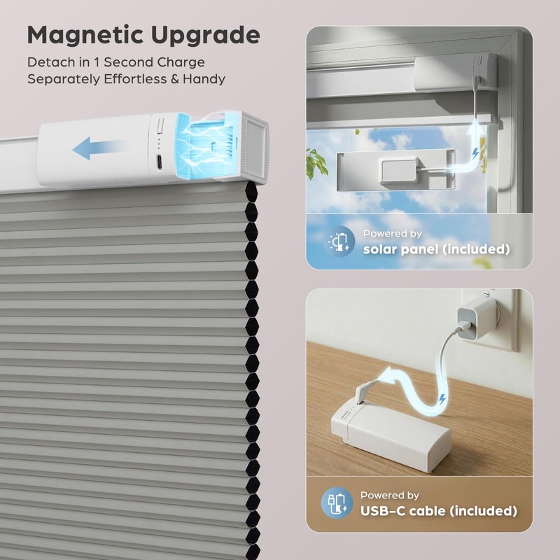 No Drill Motorized Cellular Shades with Remote, Grey 35" W
