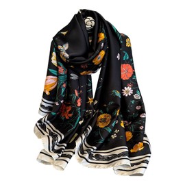 Aufeel Fashion Scarves 100% Satin Silk Scarf Long Lightweight Sunscreen Shawls Wraps for Women Hair Scarves (Black Floral 6)