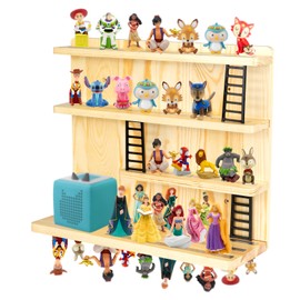 WodGod for Tonies Shelf Magnetic,Tonies Storage Wall, Holds 50+ Characters Creative Magnetic Top & Back,Pinewood Floating Shelves for Wall,Dedicated Charging Spot for Toniebox,Figures Storage,4-Tier