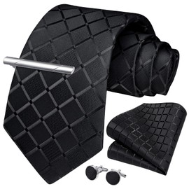 HISDERN Men's Wedding Ties and Pocket Square Tie Plaid Cufflink Tie Clip Set, Black (black-1)