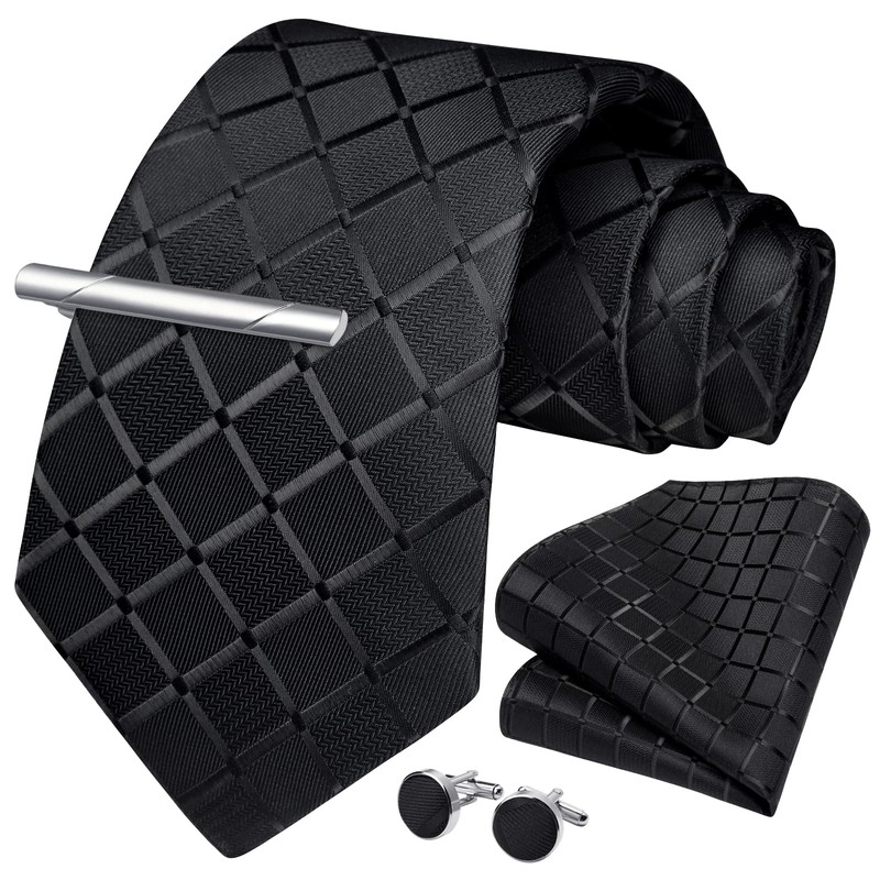 HISDERN Men's Wedding Ties and Pocket Square Tie Plaid Cufflink