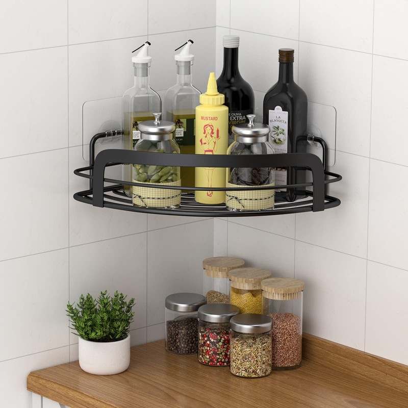 STEUGO Black Bathroom Corner Shower Shelfs, Adhesive Wall Mounted Shower