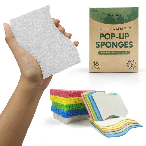 AIRNEX Biodegradable Cellulose Compressed Sponges - Pack of 16 Kitchen Sponges for Cleaning - Heavy Duty and Natural Multipurpose Household Cleaning Sponges Good for Kitchen, Bathroom, and Surfaces
