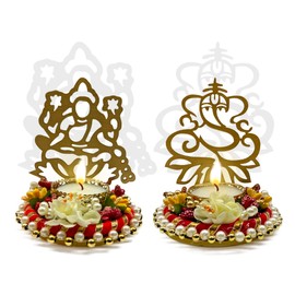Satvik 1 Pair Lakshmi Ganesh Decorative Shadow Diya, Diwali Decoration Traditional Murti Statue Home/Office Religious Tea Light Candle Holder Stand Indian Housewarming Return Gift Items (Pack of 1)