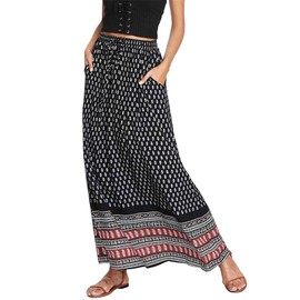 Milumia Women's Boho Vintage Printed A Line Long Maxi Skirt with Pockets, Black, 3X-Large
